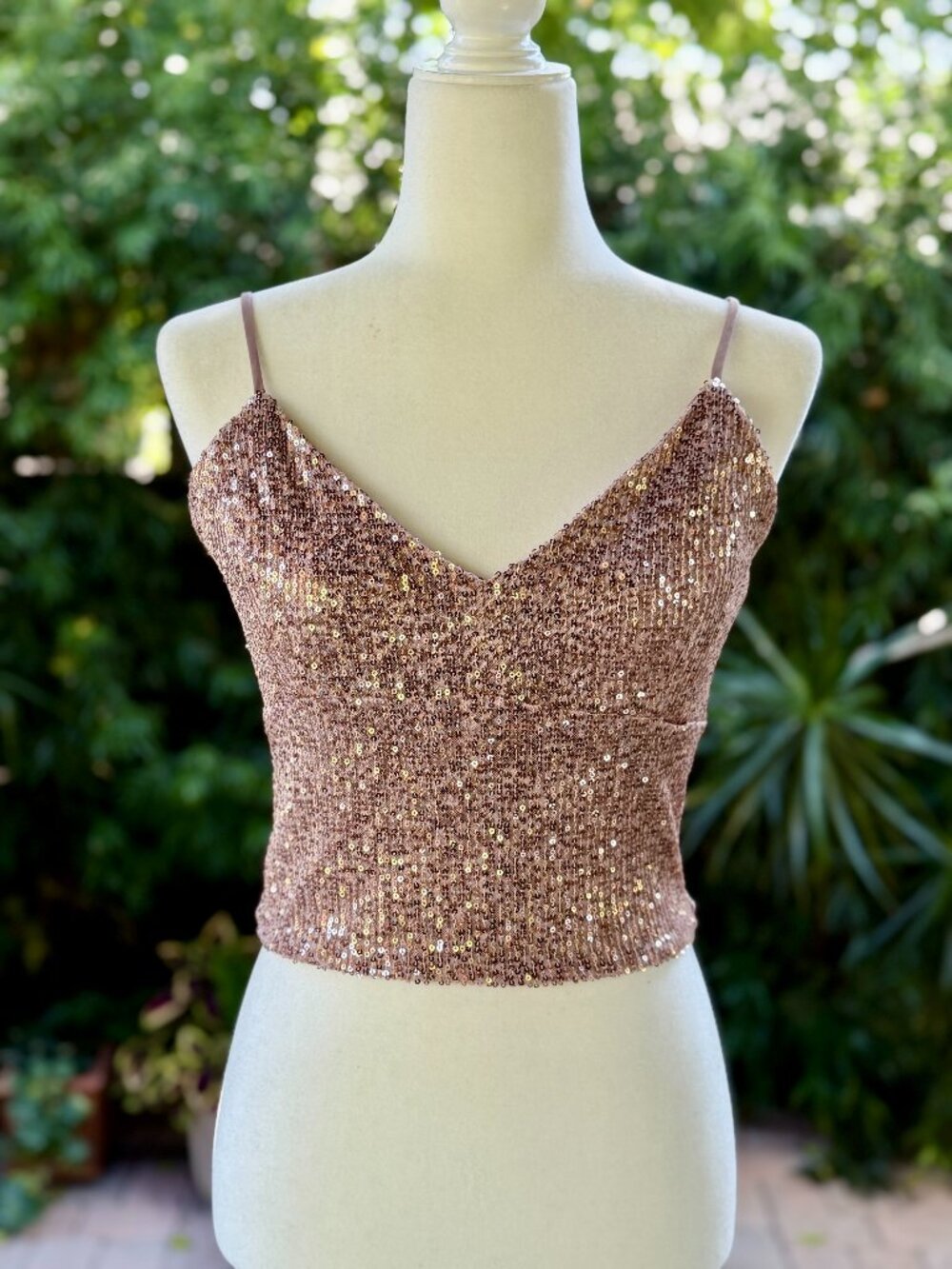 AQUA Rose Gold Sequin Crop Top Cami Medium Party Holiday
